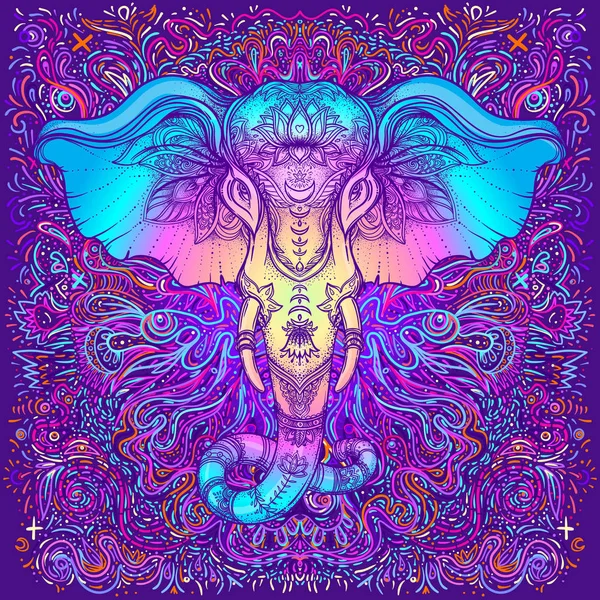 Belo elefante de estilo tribal desenhado à mão. Projeto paisley colorido, padrões de mandala boho, ornamentos. Fundo étnico, arte espiritual, ioga. Deus indiano Ganesha, símbolo tailandês . —  Vetores de Stock