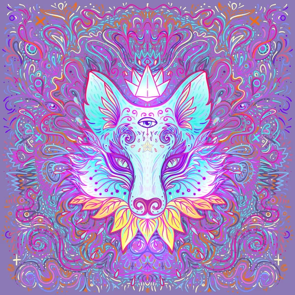 Schattig vossengezicht boven psychedelisch sierlijk patroon. Karakter tattoo ontwerp voor dierenliefhebbers, kunstwerk voor print, textiel. Gedetailleerde vectorillustratie. — Stockvector