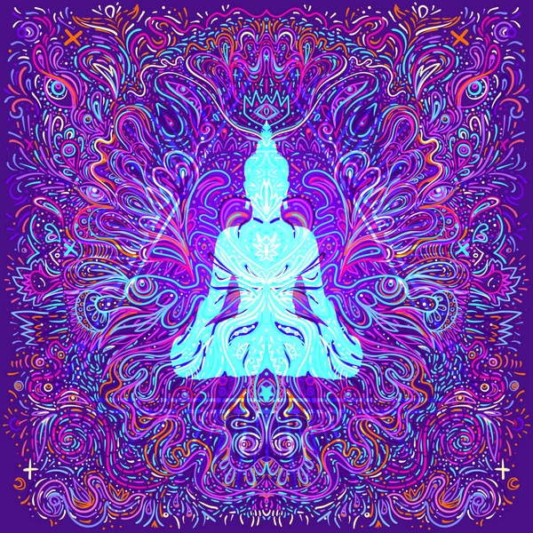 Siedzący Budda na kolorowym neonowym tle. Ilustracja wektora. Psychodeliczna kompozycja grzybów. Indyjski, Buddyzm, Tatuaż duchowy, joga, duchowość. — Wektor stockowy