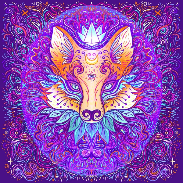 Cute fox face over psychedelic ornate pattern. Character tattoo design for pet lovers, artwork for print, textiles. Detailed vector illustration. — Stock Vector