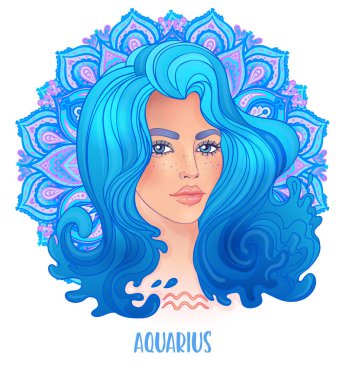 Süslü mandala deseninden güzel bir kız olarak Aquaries burcunu çizmek. Zodiac vektör çizimi beyaza izole edildi. Gelecek anlatımı, yıldız falı.