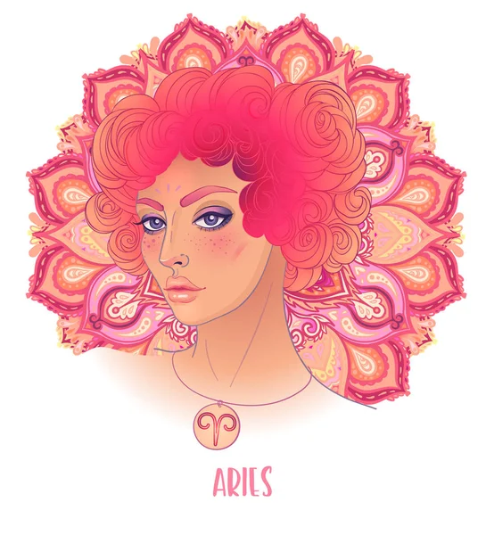 Desenho de Aries signo astrológico como uma menina bonita sobre padrão de mandala ornamentado. Ilustração do vetor do zodíaco isolado no branco. Contação futura, horóscopo —  Vetores de Stock