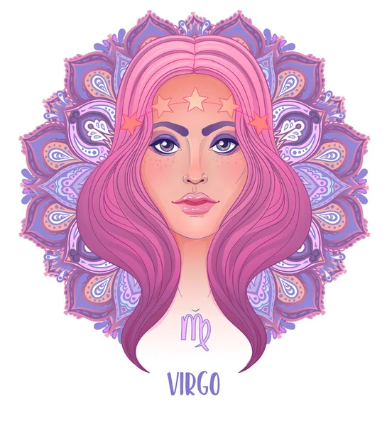 Dessin de signe astrologique Vierge comme une belle fille sur motif de mandala orné. Illustration vectorielle du zodiaque isolée sur blanc. Raconter l'avenir, horoscope . — Image vectorielle