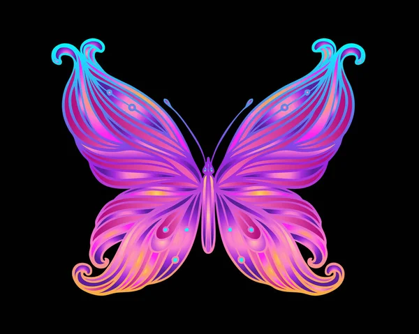 Handgetekende vlinder in heldere neon kleuren. Han tekening ontwerp voor t-shirt print of tattoo. — Stockvector