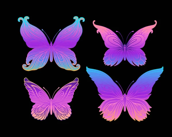 Kézzel rajzolt pillangó élénk neon színekben. Han rajztervezés pólónyomathoz vagy tetováláshoz. — Stock Vector