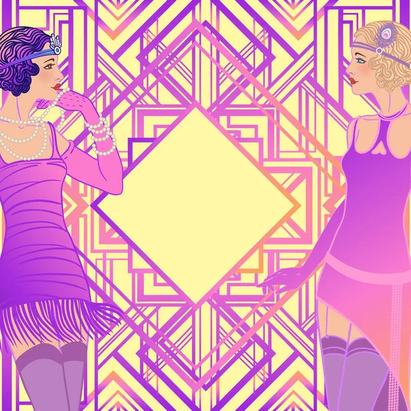 Пылкая девчонка. Art deco, винтажное приглашение в стиле 1920-х годов соблазняет дизайном для коктейльной карты, меню баров, гламурной свадьбы, праздничного флаера. Векторная иллюстрация в неоновых цветах . — стоковый вектор