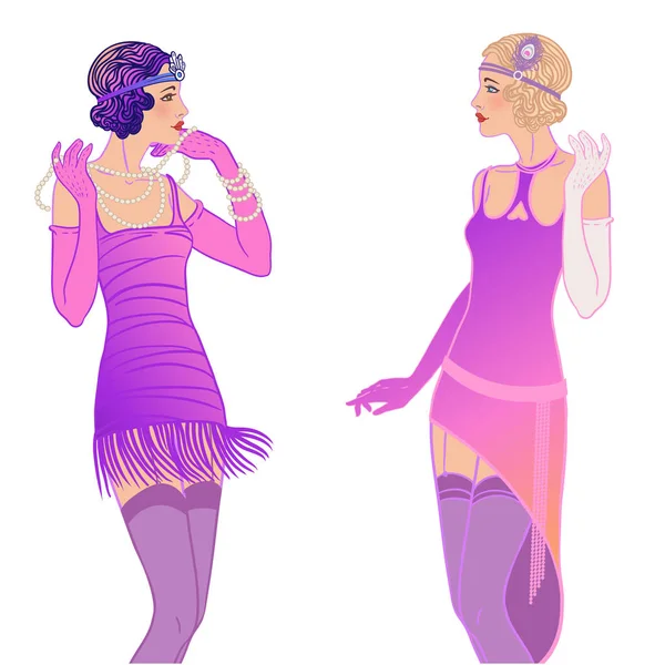 Menina Flapper. Art deco, 1920s estilo vintage convite modelo design para lista de bebidas, menu de bar, casamento glamour, panfleto festa. Ilustração vetorial em cores de néon . —  Vetores de Stock