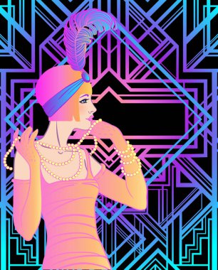 Çırpınan kız. Art deco, 1920 'lerin tarzı içki listesi, bar menüsü, görkemli düğün, parti broşürü tasarımı. Neon renkli vektör illüstrasyonu.