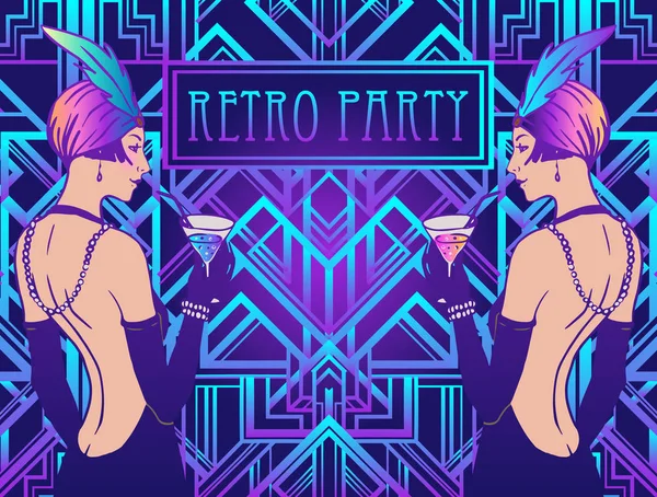Klappmädchen. Art Deco, Vintage Einladungsvorlagen im Stil der 1920er Jahre für Getränkekarte, Bar-Menü, Glamour-Hochzeit, Party-Flyer. Vektorabbildung in Neonfarben. — Stockvektor