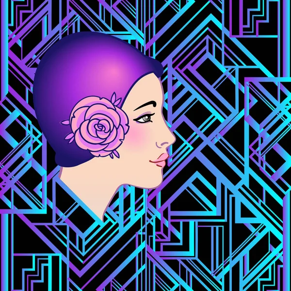 Flapper girl. Art deco, 1920s style vintage invitation template design for drink list, bar menu, glamour wedding, party flyer. Vector illustration in neon colors. — Stock Vector