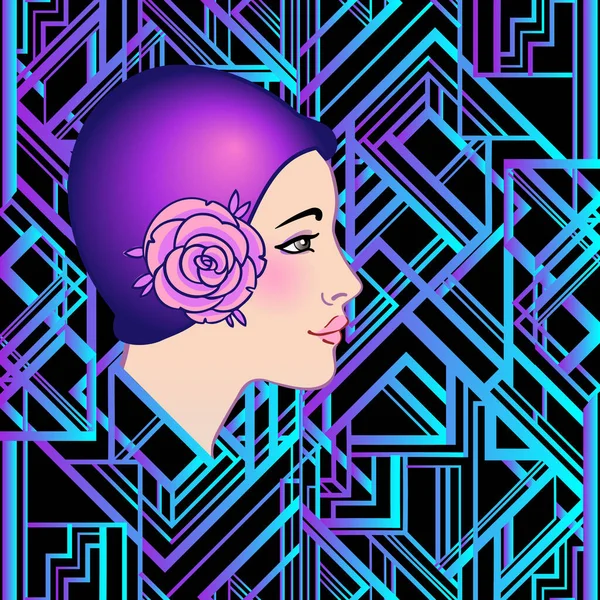 Flapper girl. Art deco, design di modelli di invito vintage in stile anni '20 per lista bevande, menu bar, matrimonio glamour, volantino per feste. Illustrazione vettoriale in colori al neon . — Vettoriale Stock