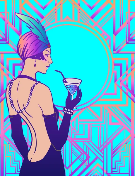 Flapper girl. Art deco, 20. léta 20. století styl vinobraní pozvánky šablony pro nápojový lístek, bar menu, okouzlující svatba, party leták. Vektorová ilustrace v neonových barvách. — Stockový vektor