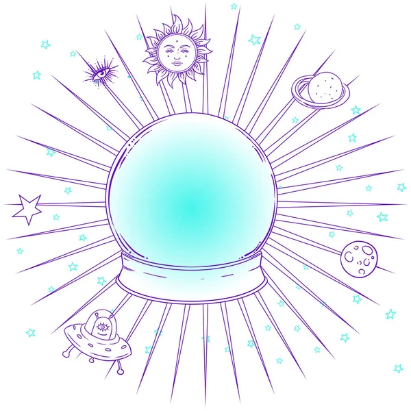 Blue crystal Ball with all seeing eye inside isolated on white. Жуткая милая векторная иллюстрация. Готический дизайн, мистический символ магии, пастельные цвета. Будущее — стоковый вектор