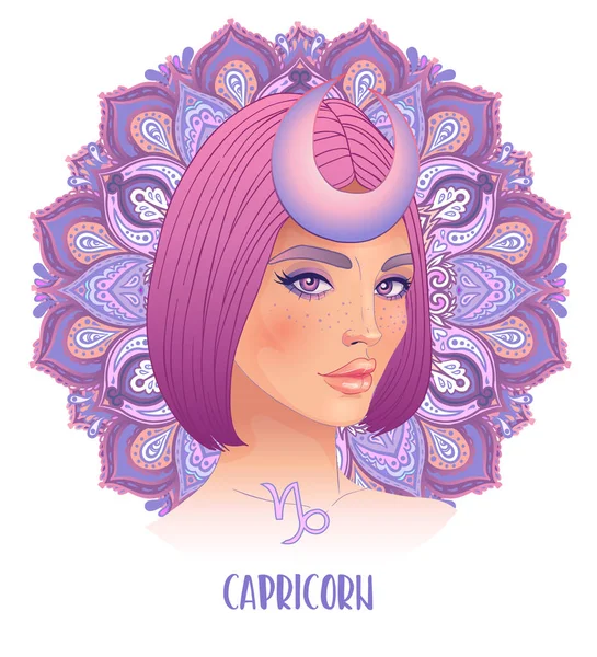 Rajz Capricorn asztrológiai jel, mint egy gyönyörű lány felett díszes mandala minta. Zodiákus vektor illusztráció elszigetelt fehér. Jövőbeli mondás, horoszkóp — Stock Vector