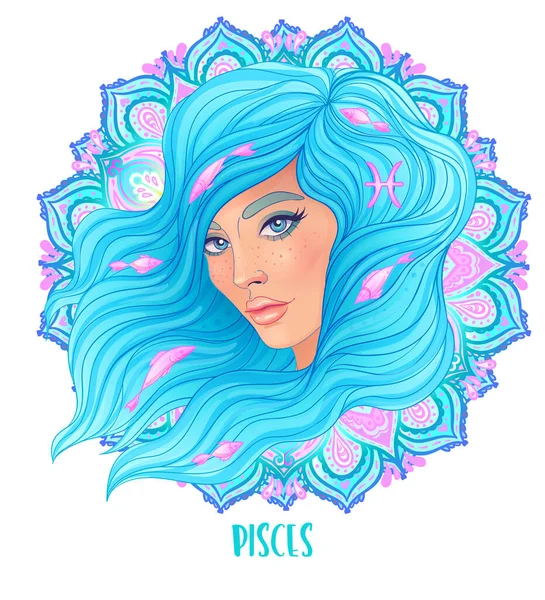 Dibujo de Piscis signo astrológico como una hermosa chica sobre el patrón de mandala adornado. Ilustración vectorial del zodíaco aislada en blanco . — Archivo Imágenes Vectoriales