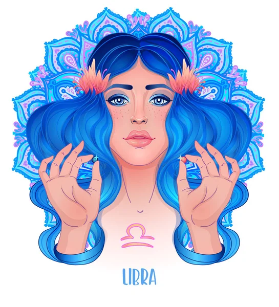 Desenho de Libra signo astrológico como uma menina bonita sobre padrão de mandala ornamentado. Ilustração do vetor do zodíaco isolado no branco. Contação futura, horóscopo . — Vetor de Stock