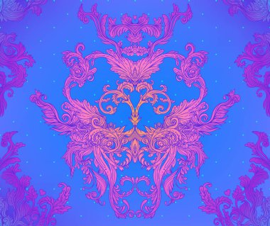 Parlak neon renklerde klasik barok çiçeksiz desen. 1980 'lerin tarzı. Süslü vektör dekorasyonu. Lüks, kraliyet ve Viktorya dönemi konsepti. Tekrarlı vintage tasarımı.