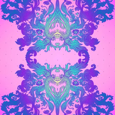 Parlak neon renklerde klasik barok çiçeksiz desen. 1980 'lerin tarzı. Süslü vektör dekorasyonu. Lüks, kraliyet ve Viktorya dönemi konsepti. Tekrarlı vintage tasarımı.