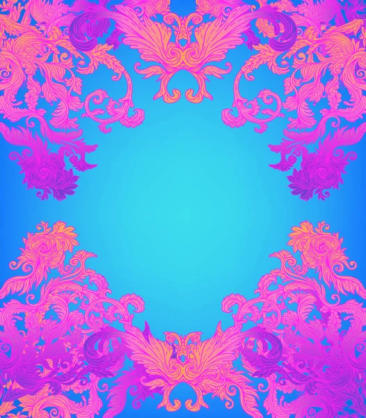 Vintage baroque floral patterned frame in bright neon colors. 1980s style. Ornate vector decoration. Luxury, royal and Victorian concept. Vintage design. — Stock Vector