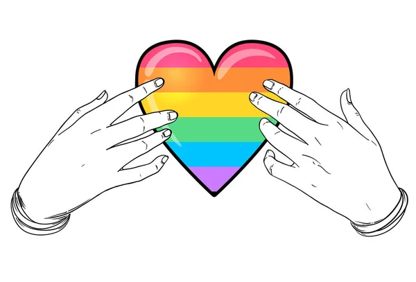 Ουράνιο τόξο χρώματος καρδιά με ανοιχτά χέρια. Γκέι υπερηφάνεια. Έννοια LGBT. Ρεαλιστικό στυλ διάνυσμα πολύχρωμη εικόνα. Εκτύπωση T-shirt, σχεδιασμός λογότυπου. — Διανυσματικό Αρχείο