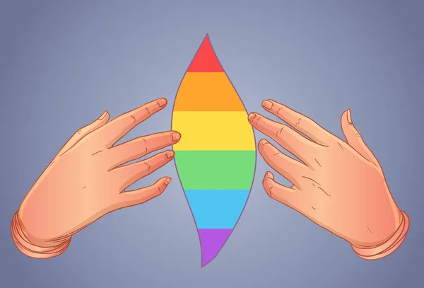 Duhové srdce s otevřenýma rukama. Gay Pride. Koncept Lgbt. Realistický styl vektor barevné ilustrace. Tisk trička, design loga. — Stockový vektor