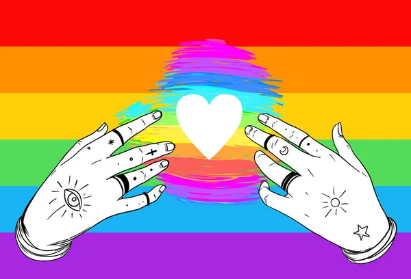 Cœur de couleur arc-en-ciel avec les mains ouvertes. Gay Pride. Concept LGBT. Illustration vectorielle de style réaliste colorée. T-shirt imprimé, logo design . — Image vectorielle