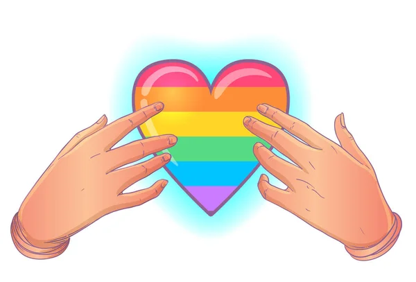 Regnbågsfärgat hjärta med öppna händer. Gay Pride. Lgbt-konceptet. Realistisk stil vektor färgglada illustration. T-shirt tryck, logotyp design. — Stock vektor