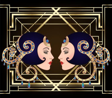 Kokteyl bardağına su sıçratan kadın eli. Art deco 1920 tarzı içki listesi, bar menüsü, cazibe etkinliği, tematik düğün, caz partisi broşürü için klasik davetiye tasarımı.