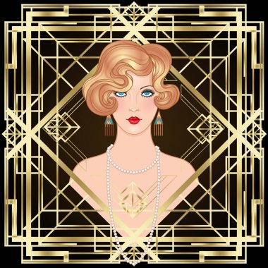 Kokteyl bardağına su sıçratan kadın eli. Art deco 1920 tarzı içki listesi, bar menüsü, cazibe etkinliği, tematik düğün, caz partisi broşürü için klasik davetiye tasarımı.