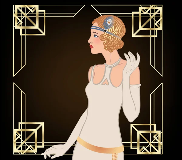 Diseño de plantilla de invitación vintage Art Deco con ilustración de chica flapper. patrones y marcos. Retro partido fondo conjunto 1920 estilo. Vector para evento de glamour — Vector de stock