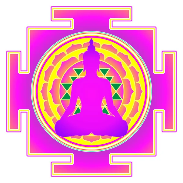 Buddha over Sri Yantra or Sri Chakra, form of mystical diagram, Shri Vidya school of Hindu tantra symbol. Sacred geometry vector design element. Vector illustration. — Stock Vector