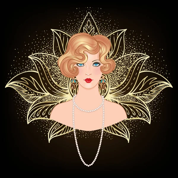 Diseño de plantilla de invitación vintage Art Deco con ilustración de chica flapper. patrones y marcos. Retro partido fondo conjunto 1920 estilo. Vector para evento de glamour — Archivo Imágenes Vectoriales