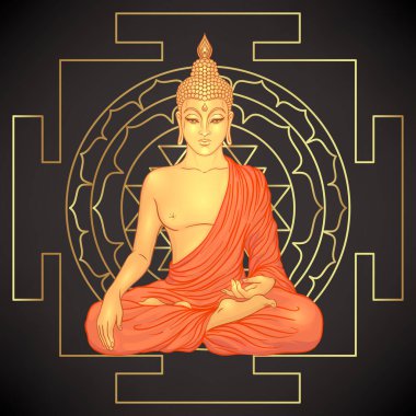 Buda, Sri Yantra ya da Sri Çakra üzerinde, mistik diyagramın bir formu, Shri Vidya Hindu tantra okulunun sembolü. Kutsal geometri vektör tasarım elementi. Vektör illüstrasyonu.
