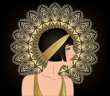 Art Deco klasik davetiye şablonu tasarımı ve flapper Girl tasarımı. desenler ve çerçeveler. Retro parti arka planı 1920 'lerin tarzında ayarlandı. Cazibe olayı için vektör