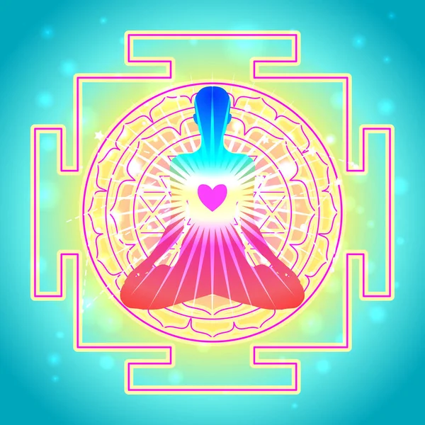 Boeddha over Sri Yantra of Sri Chakra, vorm van mystieke diagram, Shri Vidya school van Hindoe tantra symbool. Heilige geometrie vector design element. Vectorillustratie. — Stockvector