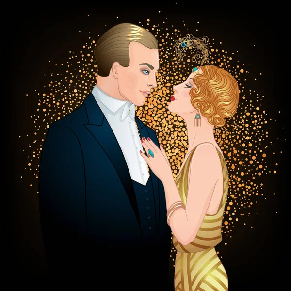 Hermosa pareja en estilo art deco. Moda retro, glamour hombre y mujer de veinte años. Ilustración vectorial. Estilo Flapper 20s. Fiesta vintage o invitación de boda temática — Vector de stock