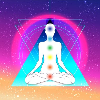 Renkli neon renkli arka planda yoga silueti. Vektör çizimi. Klasik kompozisyon. Hintli, Budizm, ruhani motifler. Dövme, yoga, maneviyat..