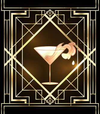 Küçük bir parti kimseyi öldürmez. Kokteyl bardağına su sıçratan kadın eli. Art deco 1920 tarzı içki listesi, bar menüsü, cazibe olayı için klasik davet şablonu tasarımı