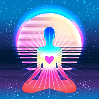 Renkli neon renkli arka planda yoga silueti. Vektör çizimi. Klasik kompozisyon. Hintli, Budizm, ruhani motifler. Dövme, yoga, maneviyat..