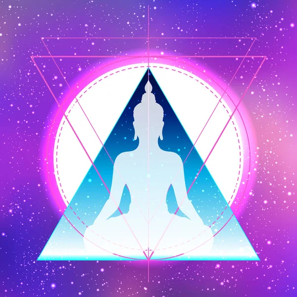 Yoga silhouet over kleurrijke neon levendige achtergrond. Vector illustratie. Vintage compositie. Indiaas, Boeddhisme, Spirituele motieven. Tatoeage, yoga, spiritualiteit. — Stockvector