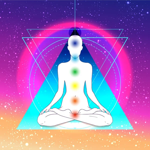 Silueta Yoga peste fundal vibrant neon colorat. Ilustrație vectorială. Compoziție vintage. Indian, budism, motive spirituale. Tatuaj, yoga, spiritualitate . — Vector de stoc