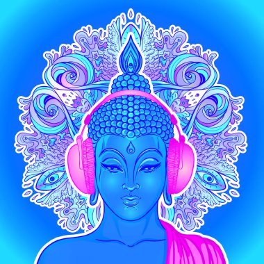 Süslü mandala çiçeğinin üzerinde oturan Buda silueti. Esrarengiz vektör çizimi. Klasik dekoratif, Hintli, Budizm, ruhani sanat. Hippi dövmesi, maneviyat,