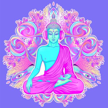 Süslü mandala çiçeğinin üzerinde oturan Buda silueti. Esrarengiz vektör çizimi. Klasik dekoratif, Hintli, Budizm, ruhani sanat. Hippi dövmesi, maneviyat,