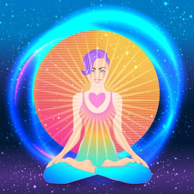 Renkli neon renkli arka planda yoga silueti. Vektör çizimi. Klasik kompozisyon. Hintli, Budizm, ruhani motifler. Dövme, yoga, maneviyat..