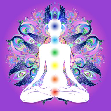 Lotus 'ta oturan güzel beyaz esmer kız arka planda süslü mandala ile poz veriyor. Vektör çizimi. Spa izni, yoga stüdyosu..