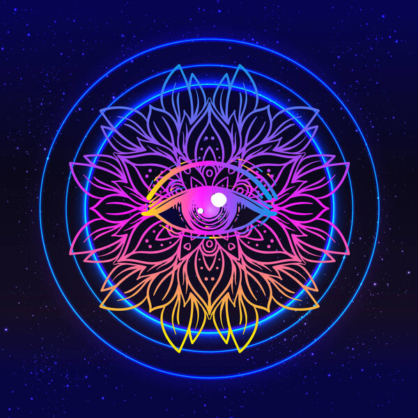 Sacred geometry symbol with all seeing eye in acid colors. Mystic, alchemy, occult concept. Design for indie music cover, t-shirt print, psychedelic poster, flyer.