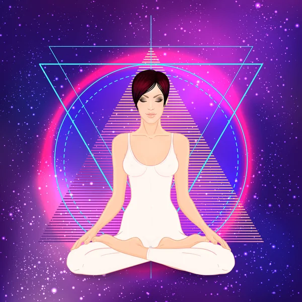 Yoga silhouette over colorful neon vibrant background. Vector illustration. Vintage composition. Indian, Buddhism, Spiritual motifs. Tattoo, yoga, spirituality. — 스톡 벡터