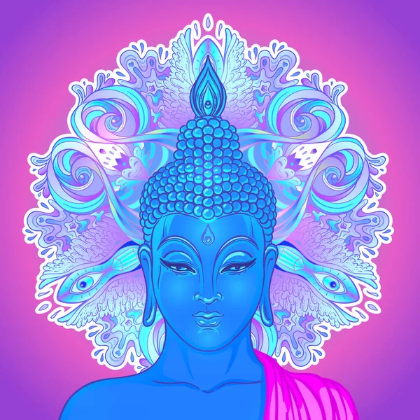 Zittend Boeddha silhouet over sier mandala bloem. Esoterische vectorillustratie. Vintage decoratieve, Indiase, Boeddhisme, spirituele kunst. Hippie tattoo, spiritualiteit, — Stockvector