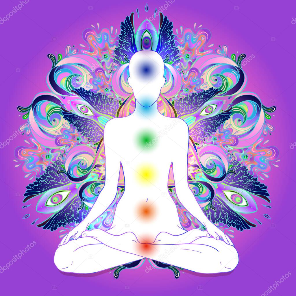 Beautiful Caucasian Brunette Girl sitting in Lotus pose with ornate mandala on background. Vector illustration. Spa consent, yoga studio, or natural medicine clinic.