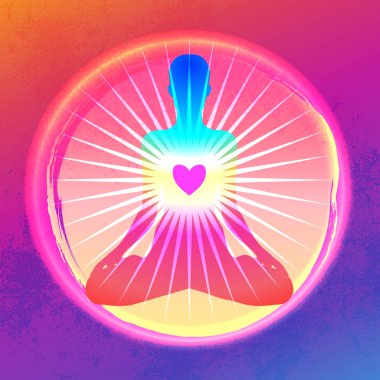 Renkli neon renkli arka planda yoga silueti. Vektör çizimi. Klasik kompozisyon. Hintli, Budizm, ruhani motifler. Dövme, yoga, maneviyat..